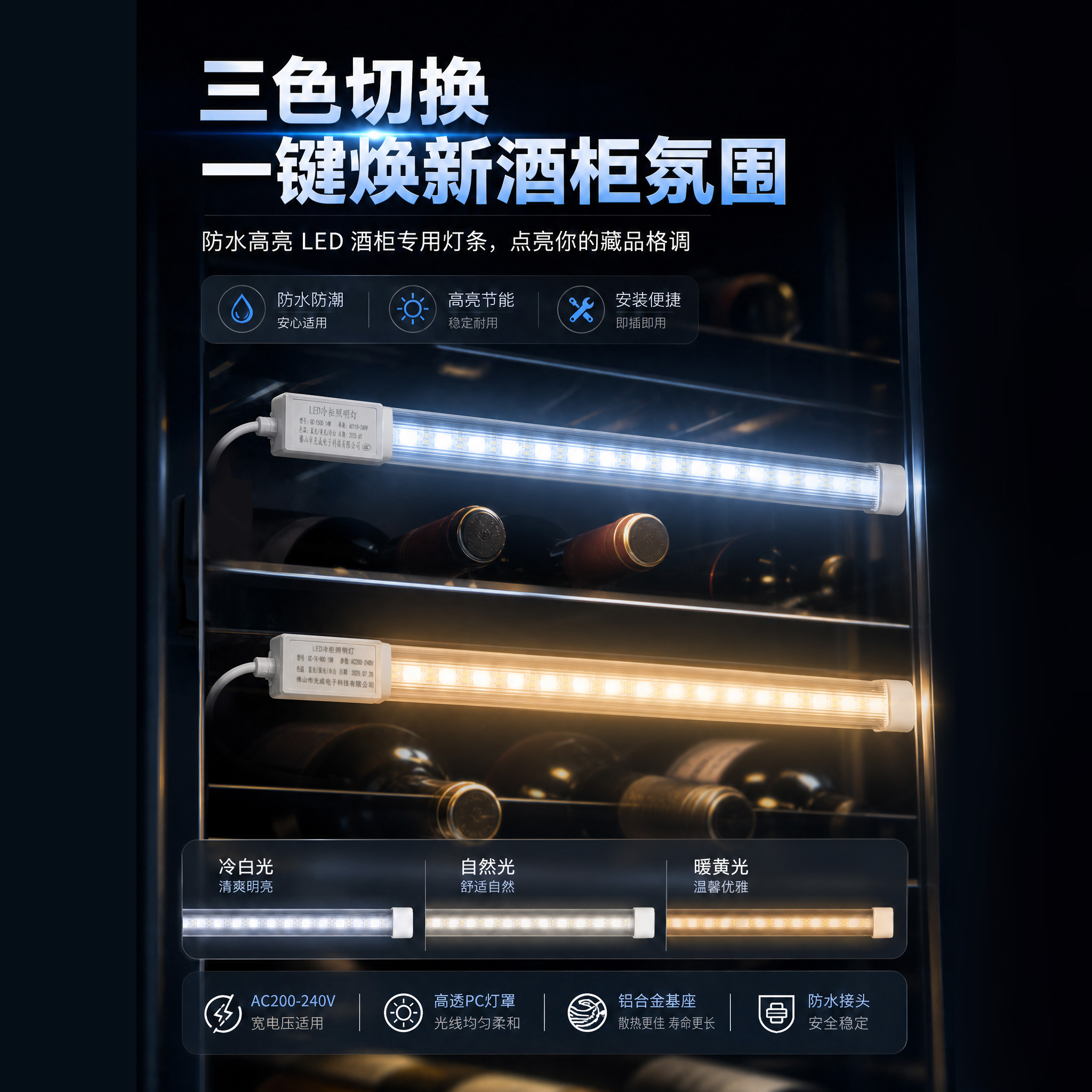 啤酒柜led灯管三色蓝光饮料柜防水灯条酒吧冰箱网络机柜灯220V